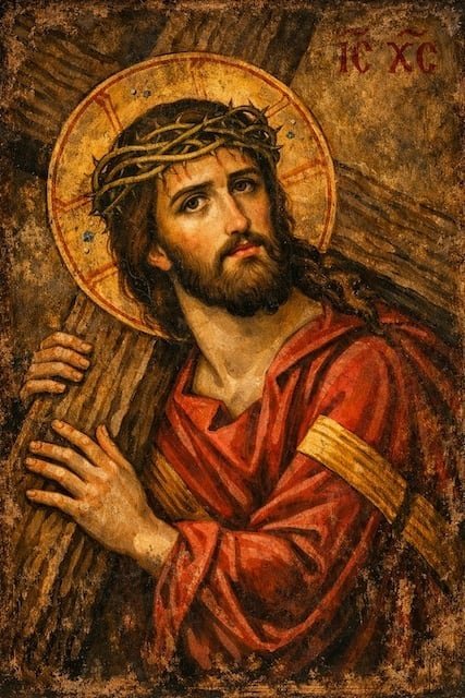 Camino del Calvario. Cristo con la cruz a cuestas, coronado de espinas. Tabla de pino nórdico