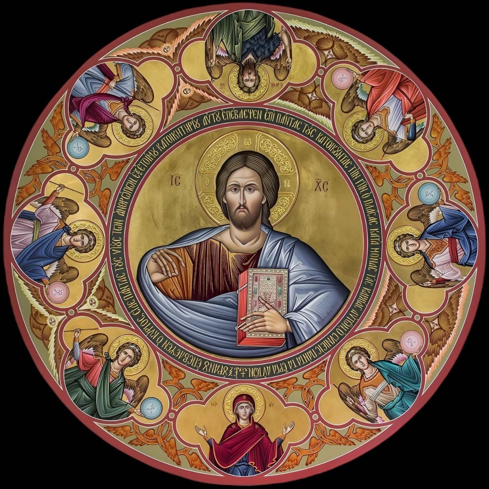 Cristo en Gloria. Cristo entronizado en el centro, rodeado de ángeles y santos en medallones. Tabla de pino nórdico