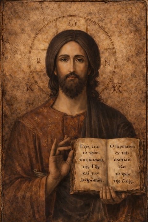 Cristo, luz del mundo. Jesucristo bendiciendo, con el Evangelio abierto