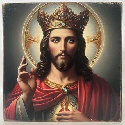 Cristo Rey. Cristo coronado, bendiciendo, con el Sagrado Corazón en el pecho. Tabla de pino nórdico