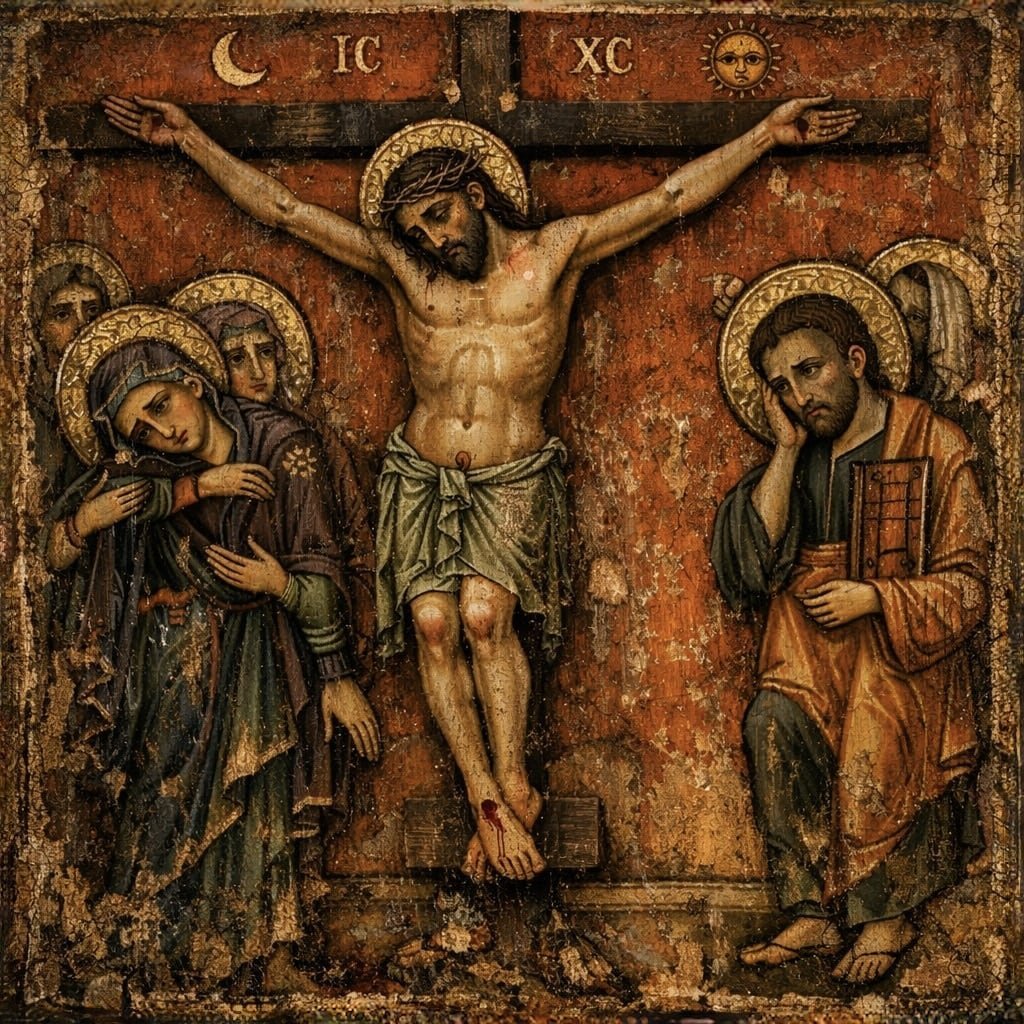 Crucifixión de escuela rusa. Cristo en la cruz entre los que lo lloran, según el modelo ruso del siglo XVIII