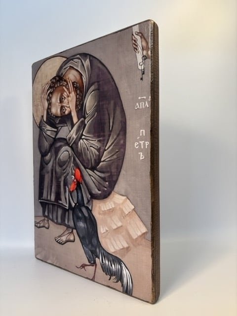 El llanto de San Pedro. Pedro llorando al oír el gallo, tras negar tres veces. Tabla de pino nórdico