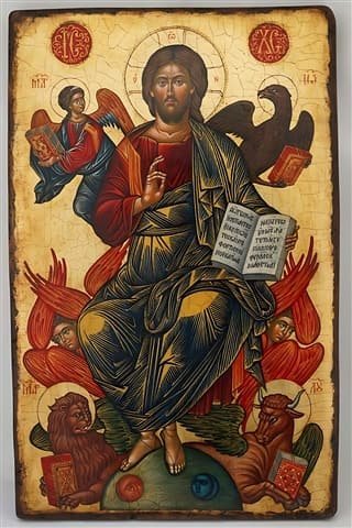 El Tetramorfos. Cristo en majestad rodeado por los cuatro vivientes de los evangelistas. Tabla de pino nórdico