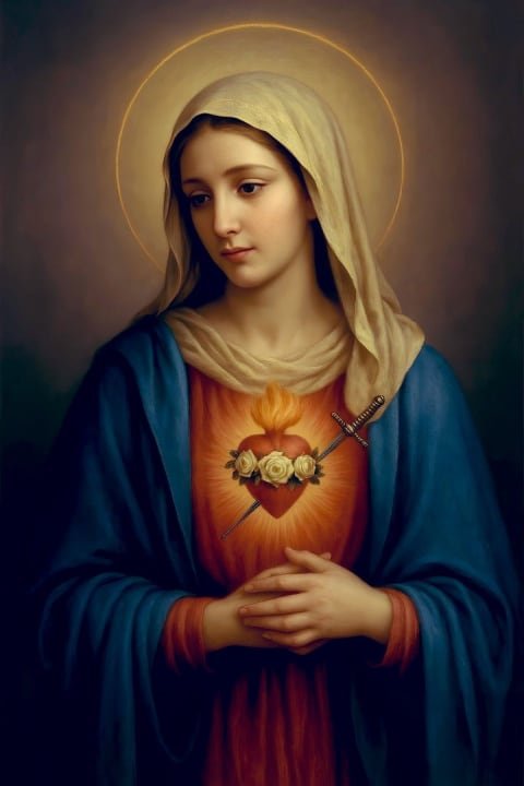Inmaculado Corazón de María. La Virgen María mostrando su corazón atravesado por una espada