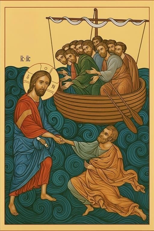 Jesús camina sobre las aguas. Cristo sostiene a Pedro cuando se hunde, con la barca y los apóstoles al fondo. Tabla de pino nórdico