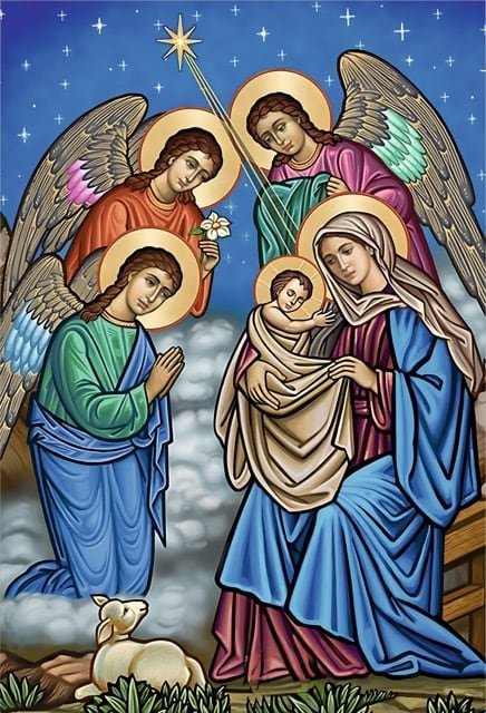 La Natividad. El nacimiento de Jesús, con María, José y los ángeles