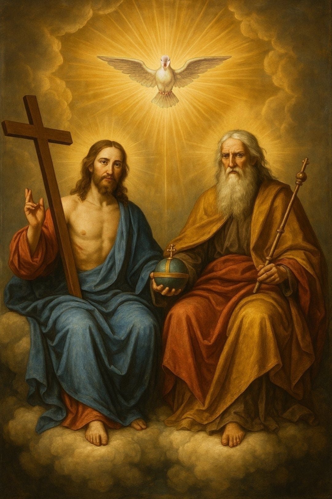 La Santísima Trinidad. El Padre, el Hijo y el Espíritu Santo en forma de paloma, sobre las nubes. Tabla de pino nórdico
