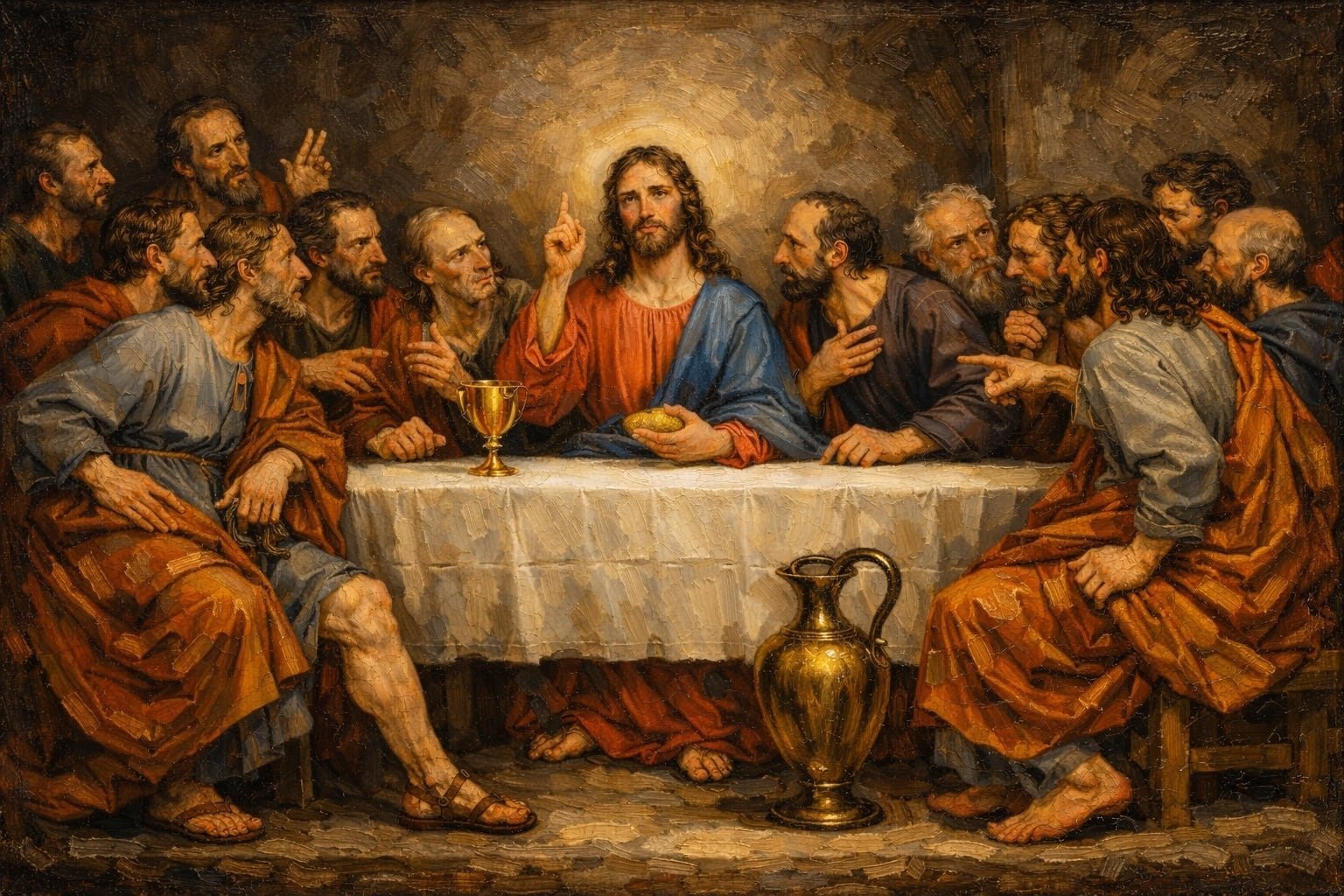 La Última Cena. Jesús y los doce apóstoles en la mesa de la primera eucaristía. Tabla de pino nórdico