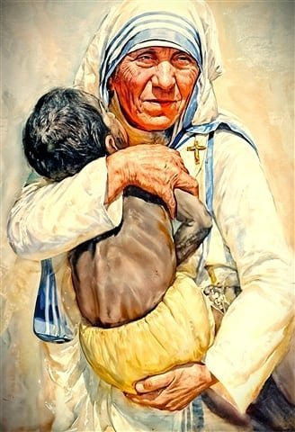 Madre Teresa de Calcuta. Santa Teresa de Calcuta con un niño en brazos. Tabla de pino nórdico