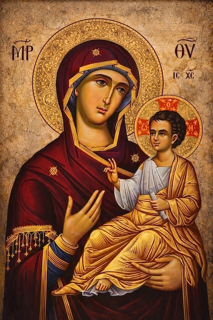 Virgen Odigitria, la que muestra el camino. La Virgen señalando al Niño con la mano derecha. Tabla de pino nórdico