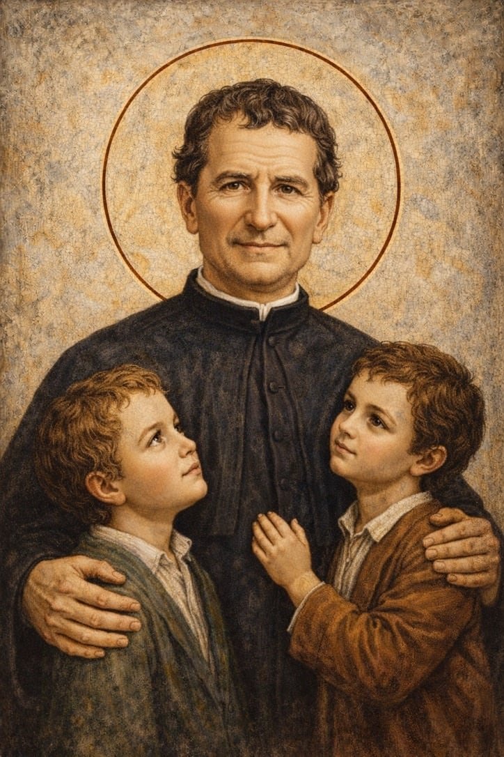 San Juan Bosco. Don Bosco con dos de sus chicos. Tabla de pino nórdico
