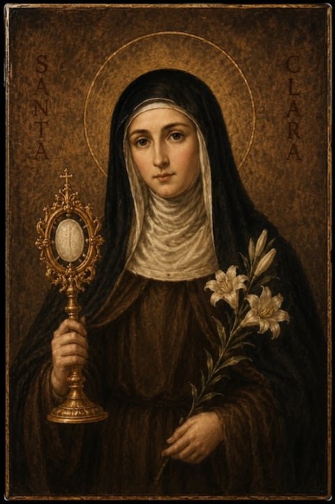 Santa Clara de Asís. Santa Clara de Asís con la custodia y la azucena