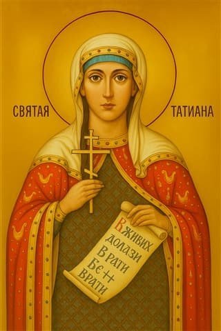 Santa Tatiana mártir. Tatiana de Roma con la cruz del martirio y el rollo