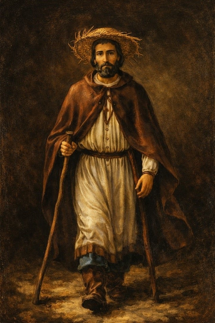 Santiago apóstol, el peregrino. Santiago el Mayor con el bordón, la calabaza y la concha. Tabla de pino nórdico