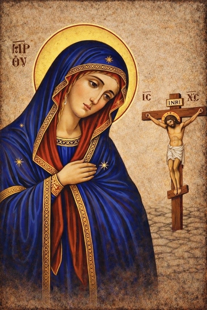 Stabat Mater. La Virgen al pie de la cruz, con manto azul y la cabeza inclinada. Tabla de pino nórdico
