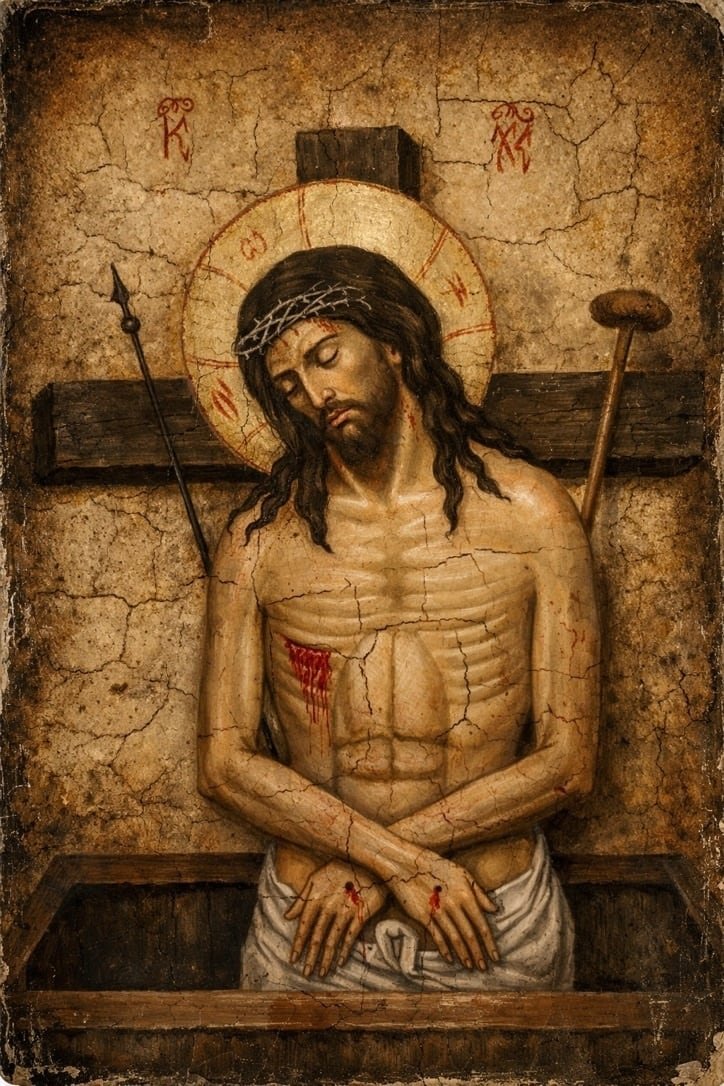 Varón de Dolores. Cristo muerto, en pie dentro del sepulcro, con la cruz y los instrumentos de la pasión. Tabla de pino nórdico