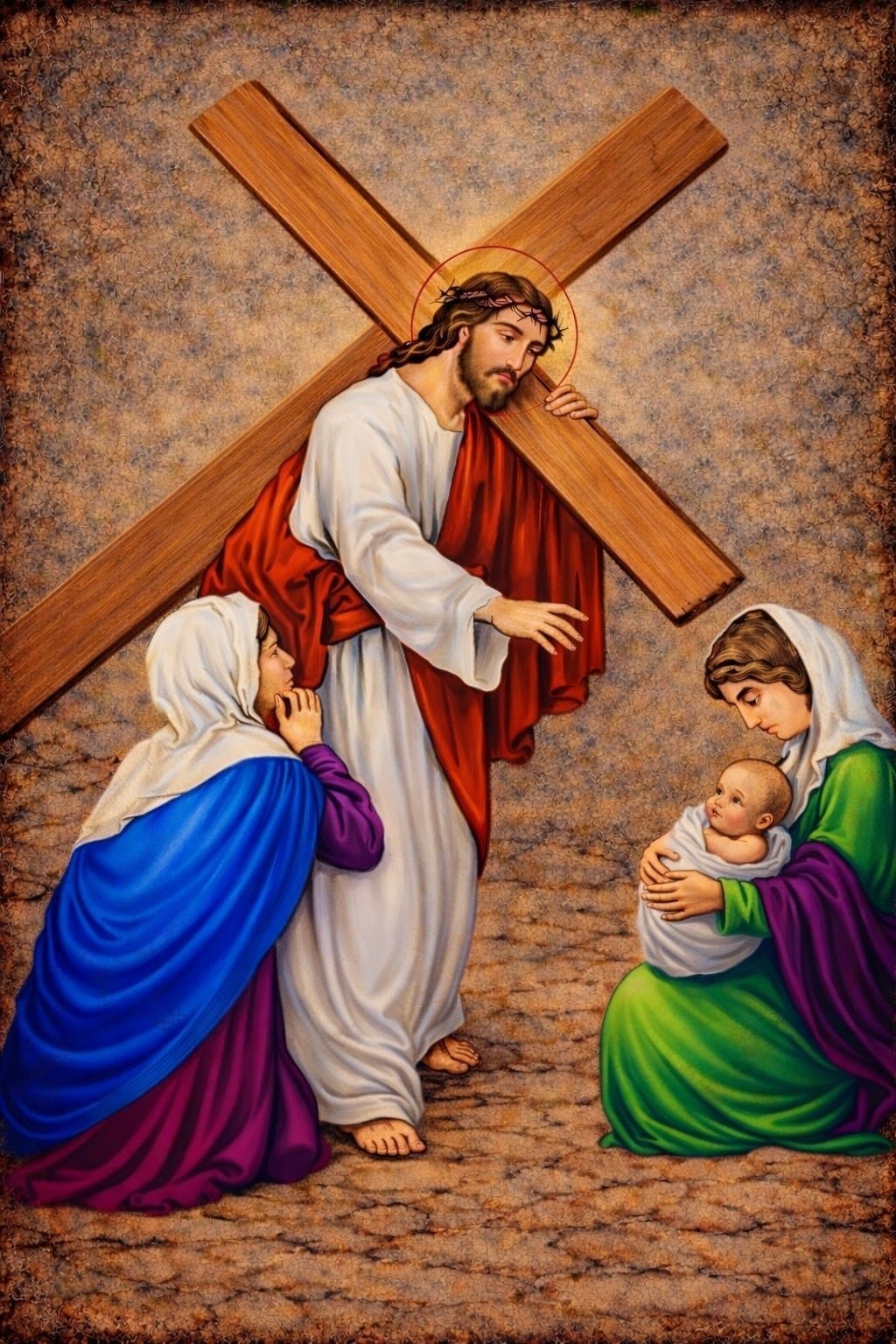 Vía Crucis. Las quince estaciones del Vía Crucis, en quince tablas. Tabla de pino nórdico