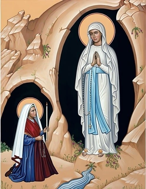 Virgen de Lourdes. La Virgen en la gruta de Massabielle con Bernadette Soubirous arrodillada. Tabla de pino nórdico