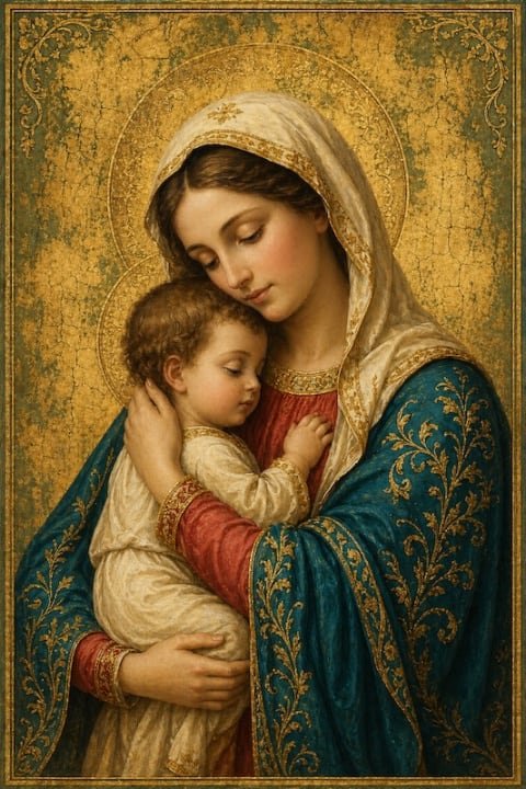 Virgen del manto de oro. La Virgen María con el Niño, sobre fondo de oro