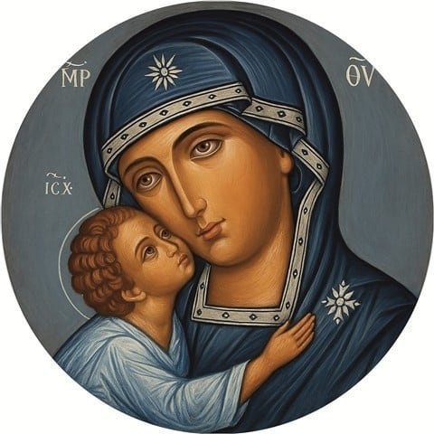 Virgen de la Ternura, tabla redonda. La Virgen y el Niño mejilla contra mejilla, en tabla redonda de setenta centímetros. Tabla de pino nórdico