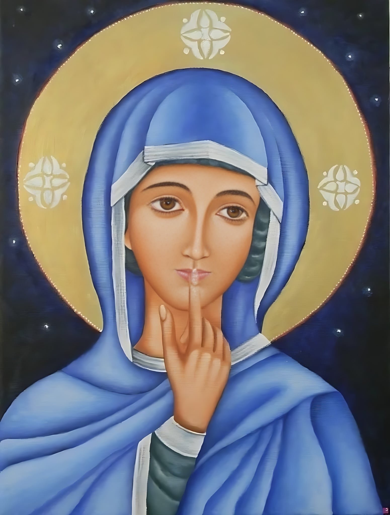 Virgen del Silencio. La Virgen con el dedo sobre los labios, pidiendo silencio. Tabla de pino nórdico